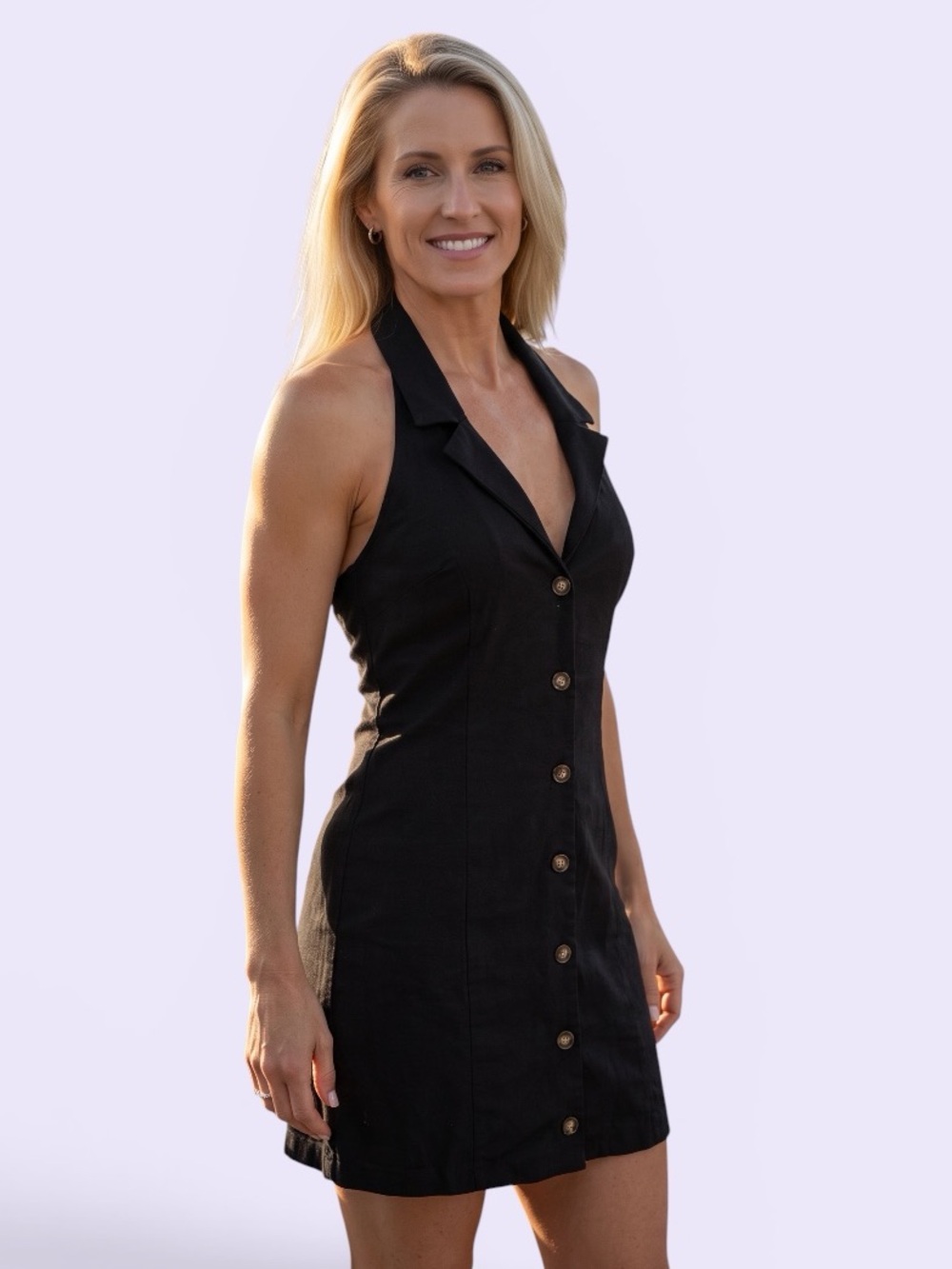 Monteau Black Button-Front Halter Mini Dress Linen Blend Large